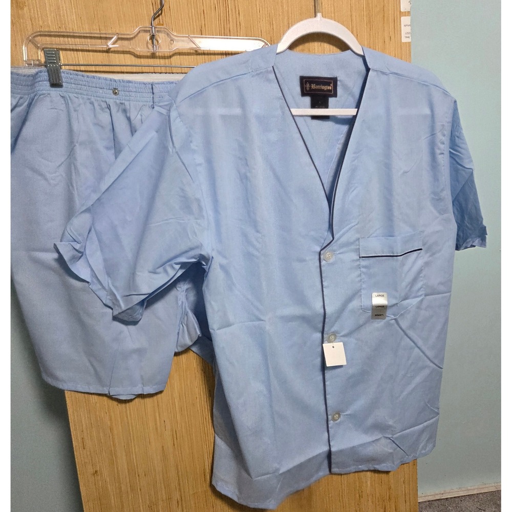Barrington Sz L Mens Pajama Set Light Blue Short Sleeve Button Front Shorts